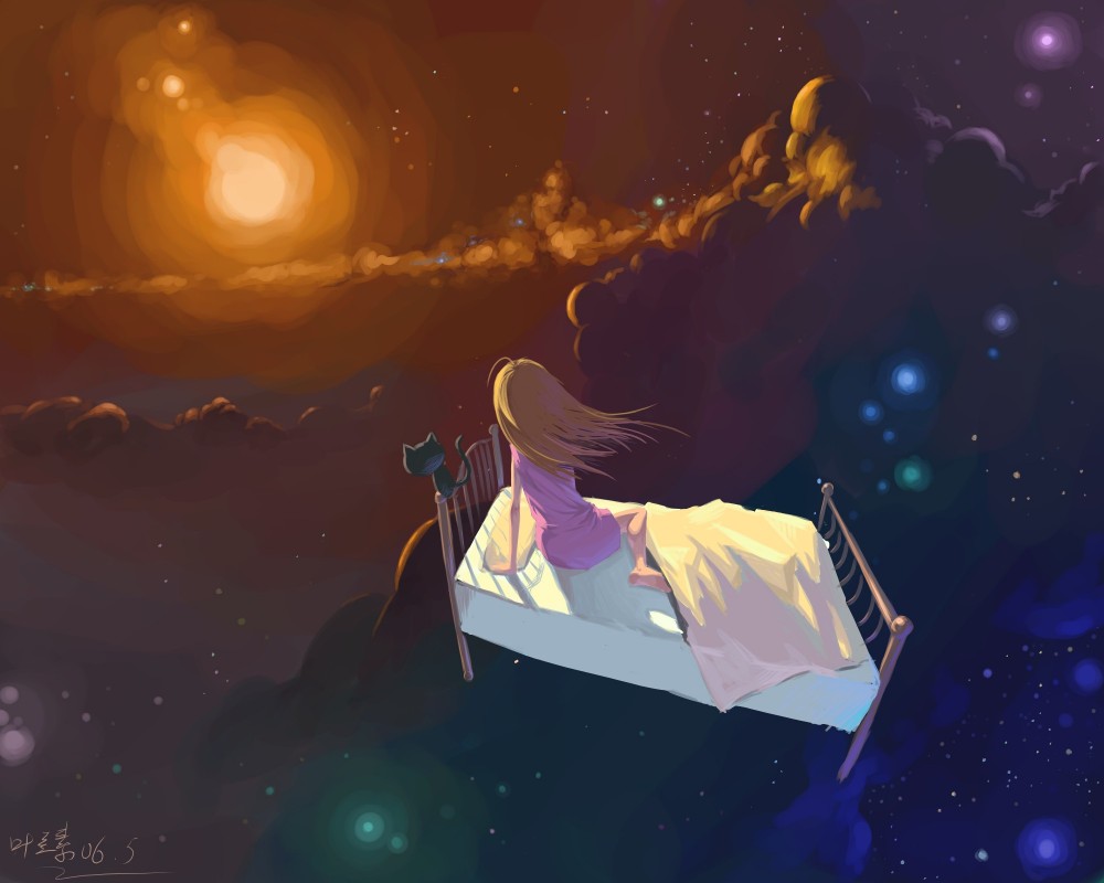 yelansu, original, 1girl, barefoot, bed, blanket, blonde hair, cat, cloud, female focus, flying, pillow, sky, solo, star (sky), star (symbol), starry sky