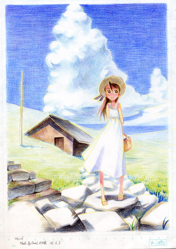 yelansu, original, colored pencil (medium), traditional media, 1girl, basket, cloud, day, dress, grass, hat, house, sandals, sky, sundress