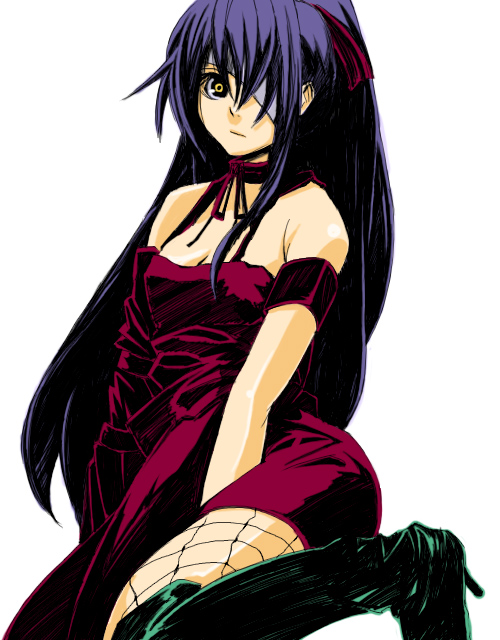 kuro (1968), original, bad id, bad pixiv id, 1girl, asymmetrical clothes, bandages, boots, collar, dress, eyepatch, female focus, fishnet pantyhose, fishnets, glowing, glowing eyes, kneehighs, long hair, off shoulder, pantyhose, patterned legwear, ribbon, simple background, socks, solo, thigh boots, thighhighs