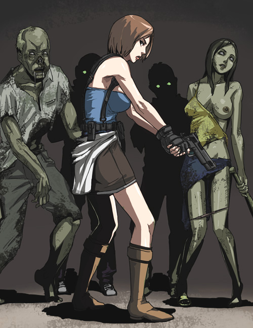 usatarou, jill valentine, resident evil, resident evil 3: nemesis, 1boy, 2girls, boots, breasts, brown hair, gun, handgun, large breasts, multiple girls, nipples, nude, panties, pencil skirt, pistol, short hair, skirt, strapless, tube top, underwear, weapon, zombie