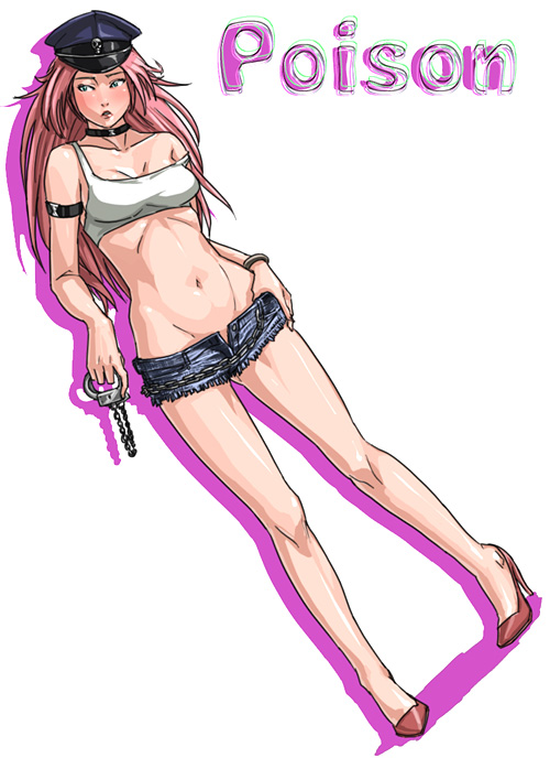 usatarou, poison (final fight), capcom, final fight, 1futa, 1other, abs, blue shorts, blush, breasts, cleavage, cuffs, denim, denim shorts, futa without pussy, futanari, groin, handcuffs, hat, high heels, long hair, midriff, navel, peaked cap, pink hair, shoes, short shorts, shorts, solo