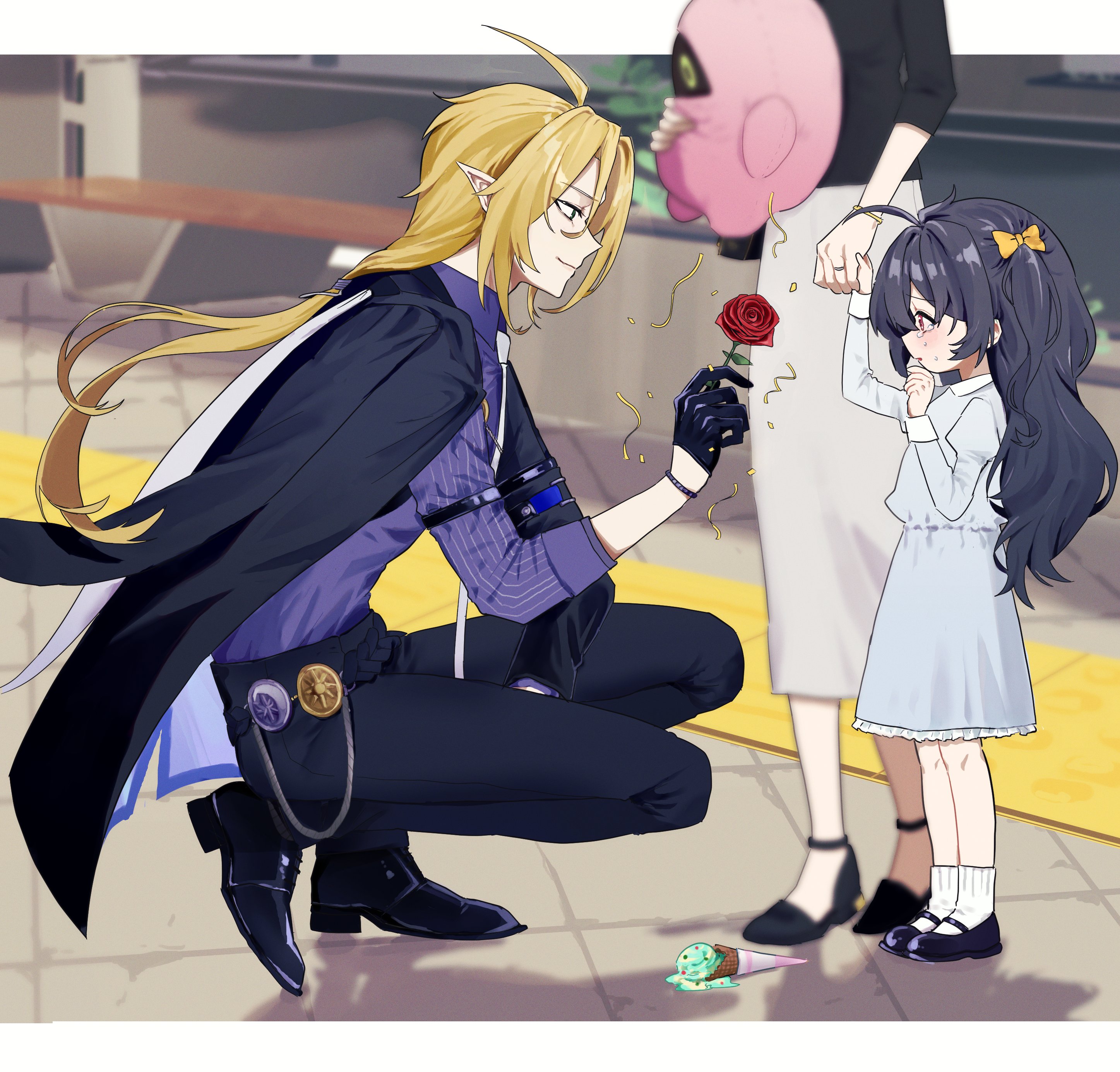 senta (ysk 0218), bangboo (zenless zone zero), hugo vlad, zenless zone zero, absurdres, commentary request, highres, 1boy, 2girls, black gloves, black hair, black pants, black shoes, blonde hair, blue dress, blue shirt, bow, closed mouth, crying, crying with eyes open, dress, flower, food, from side, gloves, hair bow, hair flower, hair ornament, holding, holding hands, ice cream, ice cream cone, ice cream cone spill, jacket, juliet sleeves, long hair, long sleeves, multiple girls, pants, pointy ears, profile, puffy sleeves, red flower, red rose, rose, shirt, shoes, skirt, socks, squatting, streamers, tears, very long hair, white socks