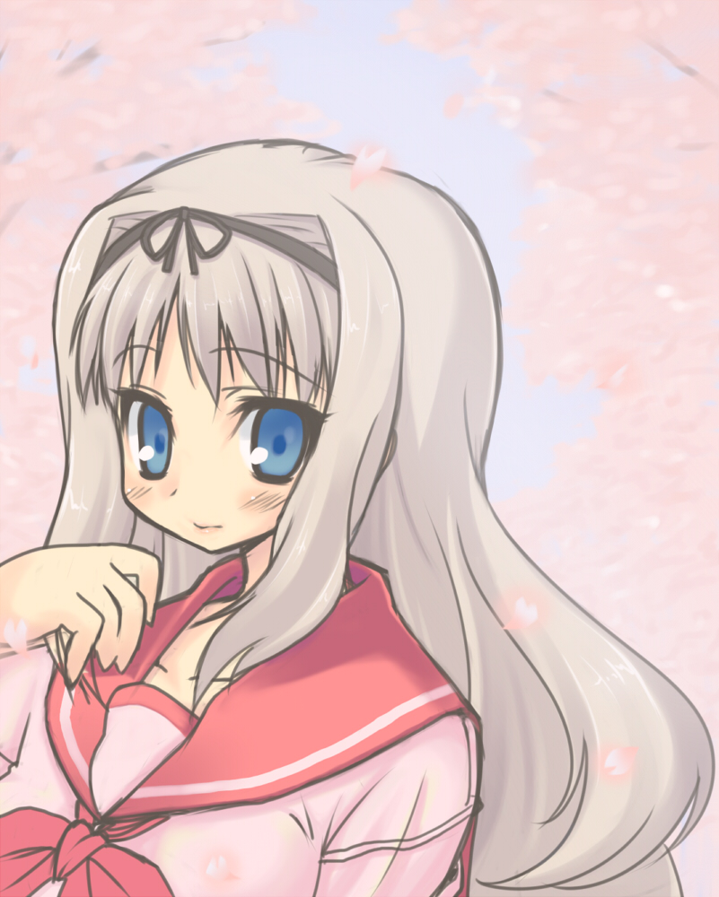 kou (garakuta teikoku), kusugawa sasara, to heart (series), to heart 2, bad id, bad pixiv id, 00s, cherry blossoms, school uniform, serafuku, solo