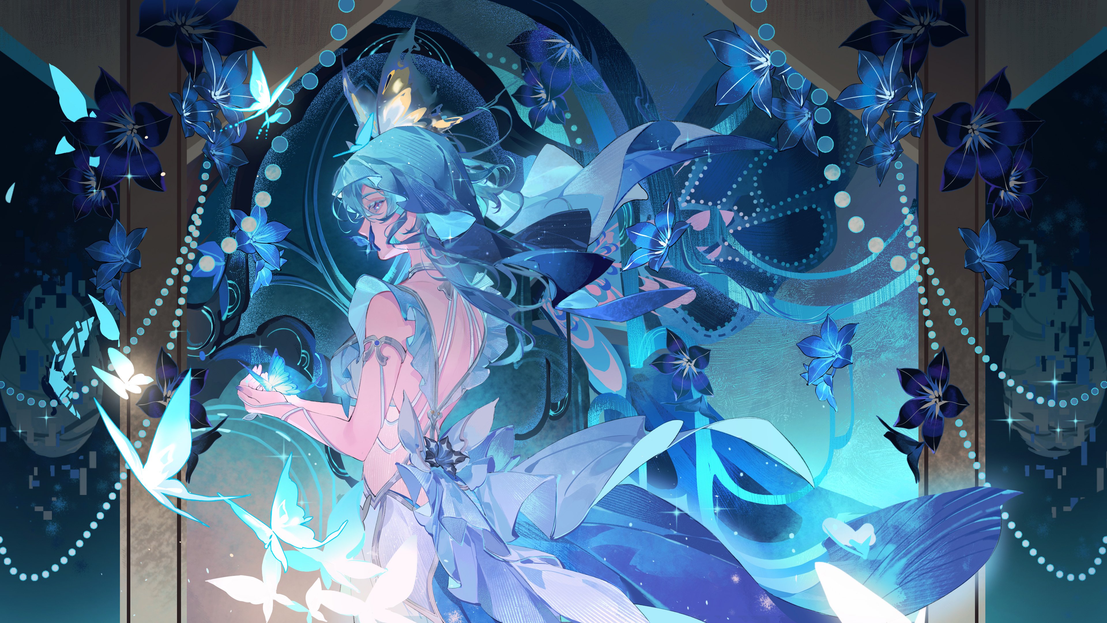 one wang yaowan, shorekeeper (wuthering waves), wuthering waves, absurdres, commentary, hashtag-only commentary, highres, 1girl, armlet, back, blake bloom (wuthering waves), blue butterfly, blue eyes, blue flower, blue nails, blue theme, blue veil, bug, butterfly, butterfly on hand, colored eyelashes, cowboy shot, dress, flower, from side, insect, jewelry, looking at viewer, median furrow, nail polish, sleeveless, sleeveless dress, solo, veil, watermark, weibo watermark, white dress