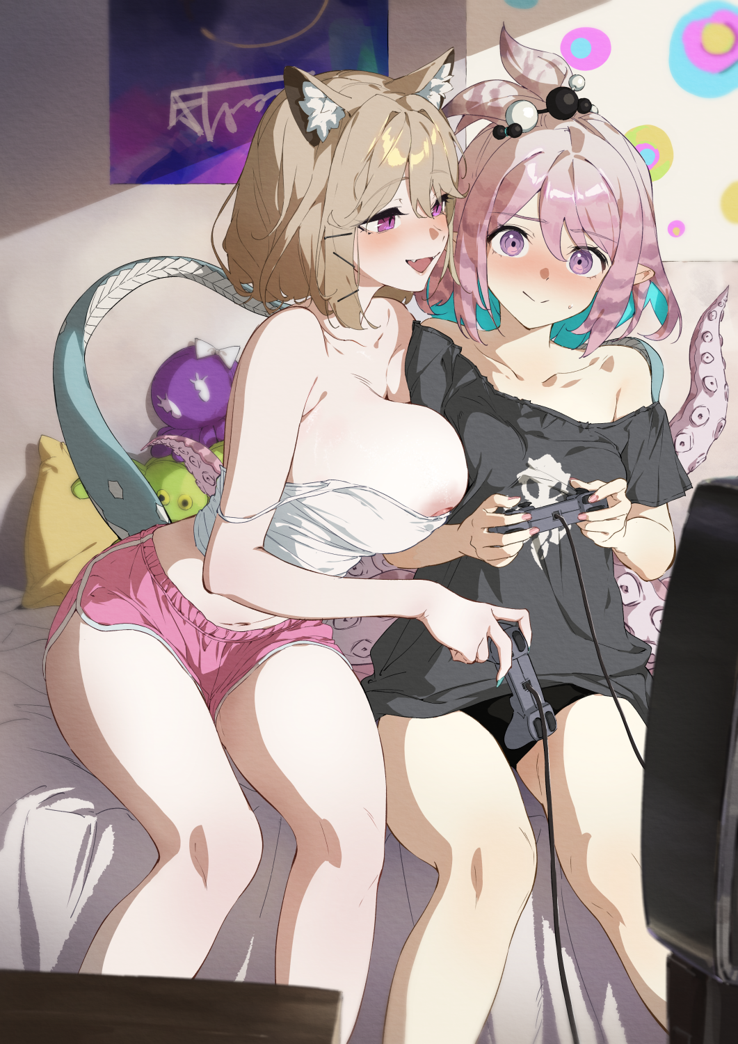 nashidrop, kirara (arknights), utage (arknights), arknights, highres, 2girls, animal ear fluff, animal ears, bare shoulders, black panties, black shirt, blonde hair, blush, breasts, collarbone, controller, crop top, dolphin shorts, fangs, game controller, gamepad, large breasts, long shirt, looking at viewer, medium breasts, midriff, midriff peek, multiple girls, on bed, open mouth, panties, pink eyes, pink hair, playing, shirt, shorts, sitting, tail, tentacles, underwear, yuri