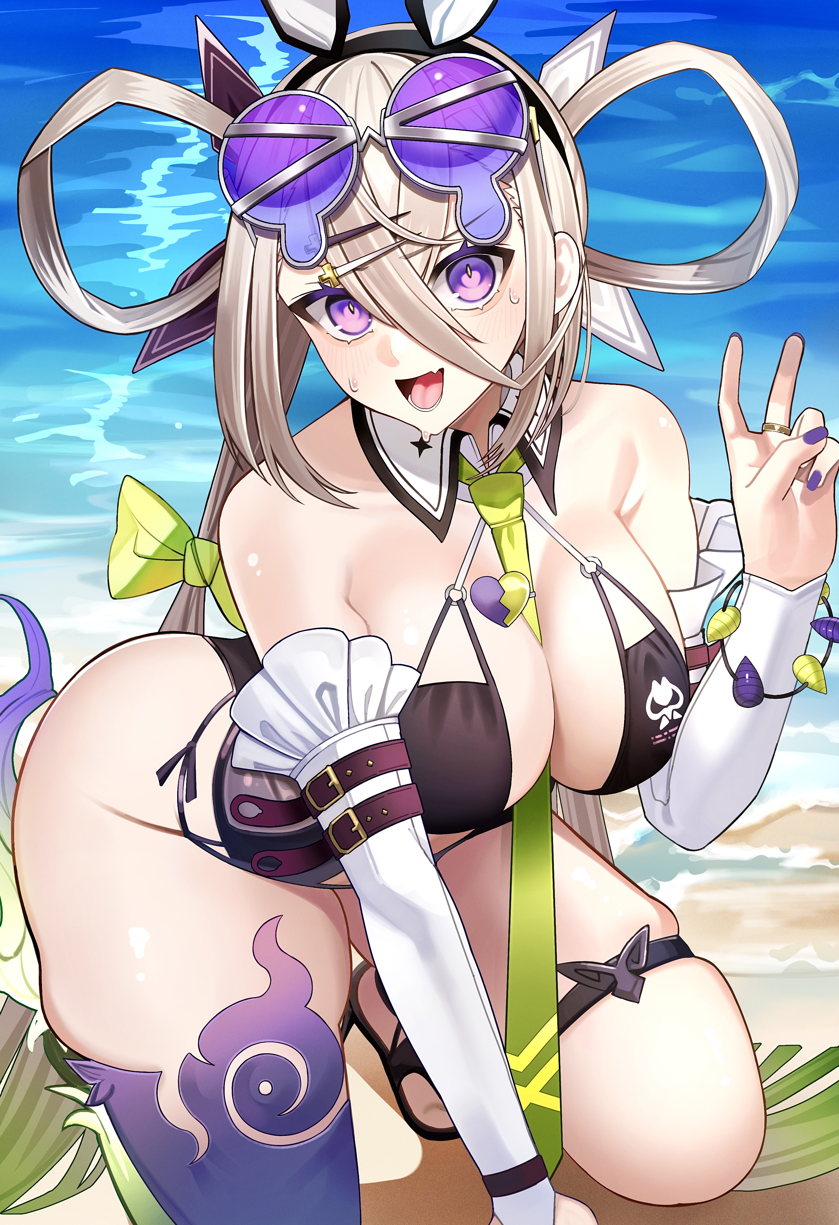 sakuma kou, huyan zhuo (fate), huyan zhuo (swimsuit berserker) (fate), fate/grand order, fate (series), absurdres, highres, 1girl, animal ears, bare shoulders, black one-piece swimsuit, breasts, cleavage, detached collar, detached sleeves, eyewear on head, fake animal ears, grey hair, hair between eyes, hair ornament, hair rings, hairclip, highleg, highleg one-piece swimsuit, large breasts, long hair, looking at viewer, low twintails, necktie, one-piece swimsuit, open mouth, plunging neckline, purple eyes, smile, solo, sunglasses, swimsuit, thigh strap, thighs, twintails, very long hair