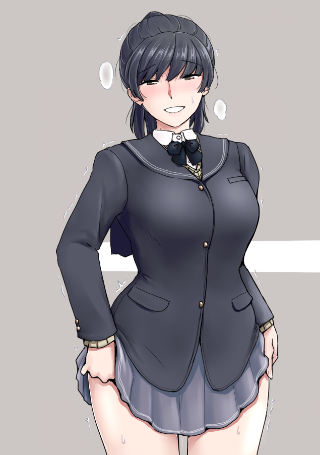 sasaki akira (ugc), tsukahara hibiki, amagami, commentary request, 1girl, black bow, black bowtie, black eyes, black hair, black jacket, black sailor collar, blazer, blush, bow, bowtie, clothes lift, cowboy shot, grey background, grey skirt, jacket, kibito high school uniform, long sleeves, looking at viewer, nervous smile, pleated skirt, ponytail, sailor collar, school uniform, short hair, skirt, skirt lift, smile, solo, steaming body, sweat, two-tone background, white background