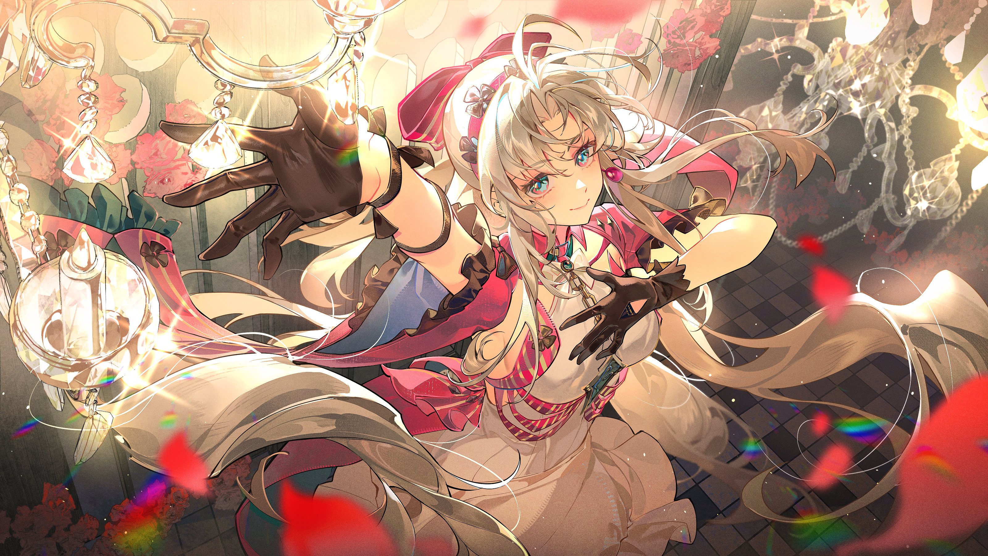 one wang yaowan, carlotta (wuthering waves), wuthering waves, absurdres, chinese commentary, commentary request, highres, 1girl, aqua eyes, arm up, black gloves, bow, breasts, closed mouth, dress, earrings, from above, gloves, hair bow, hairband, hand up, indoors, jacket, jewelry, long hair, looking at viewer, looking up, medium breasts, pink bow, pink hairband, pink jacket, smile, solo, striped bow, very long hair, white dress, white hair