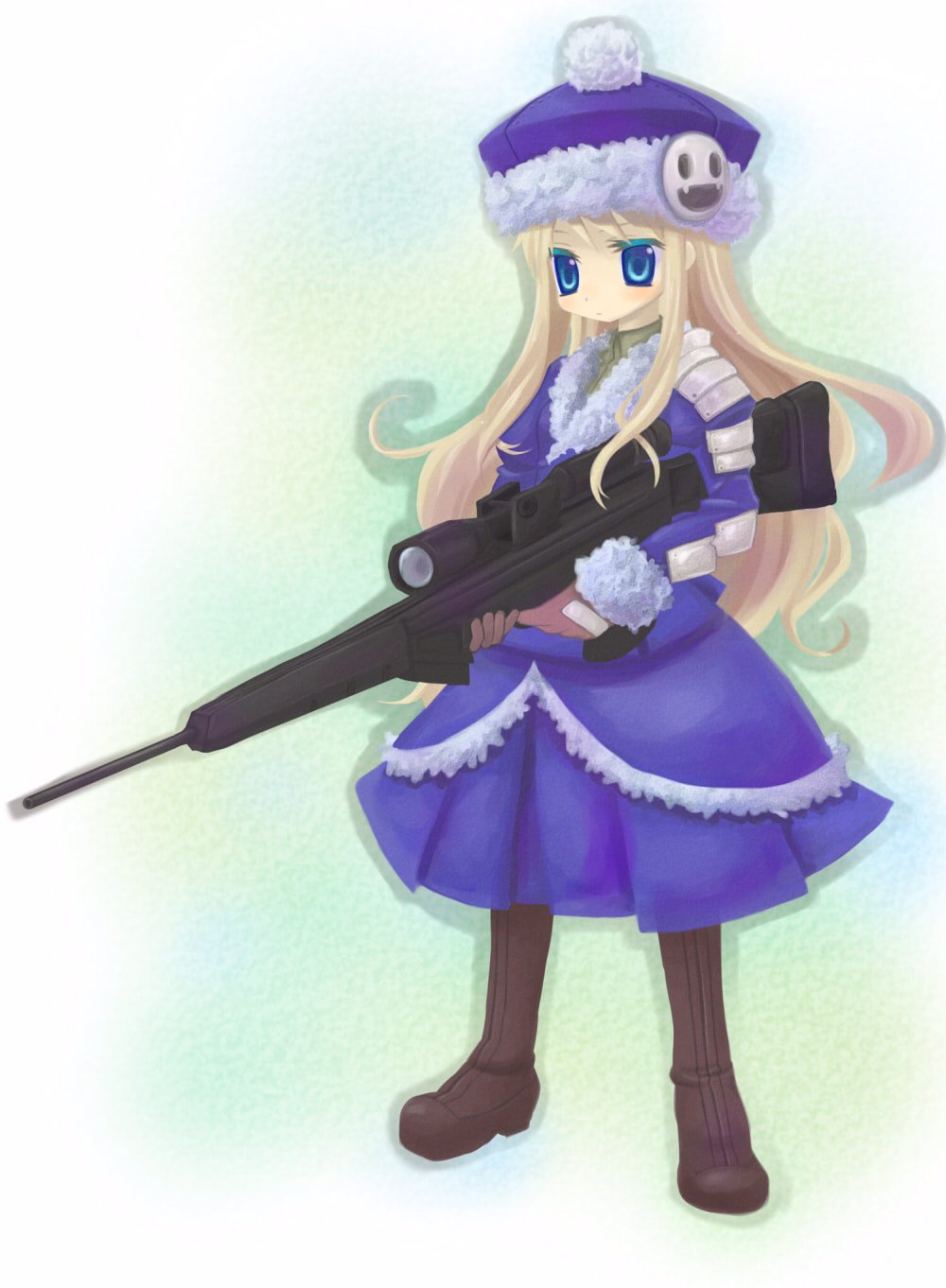 kou (garakuta teikoku), gunner (sekaiju), gunner 2 (sekaiju), jack frost (megami tensei), atlus, etrian odyssey, bad id, bad pixiv id, highres, 1girl, blonde hair, blue eyes, female focus, gun, hat, rifle, sniper rifle, solo, weapon