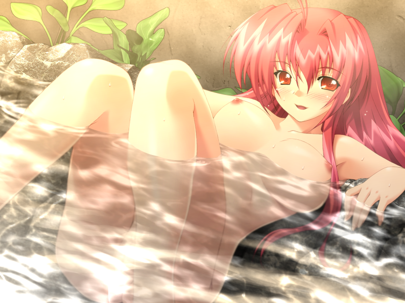 kazuma muramasa, raidy, ikazuchi no senshi raidy, zyx, game cg, 1girl, bath, blush, breasts, female focus, long hair, nipples, nude, red eyes, red hair, solo, water