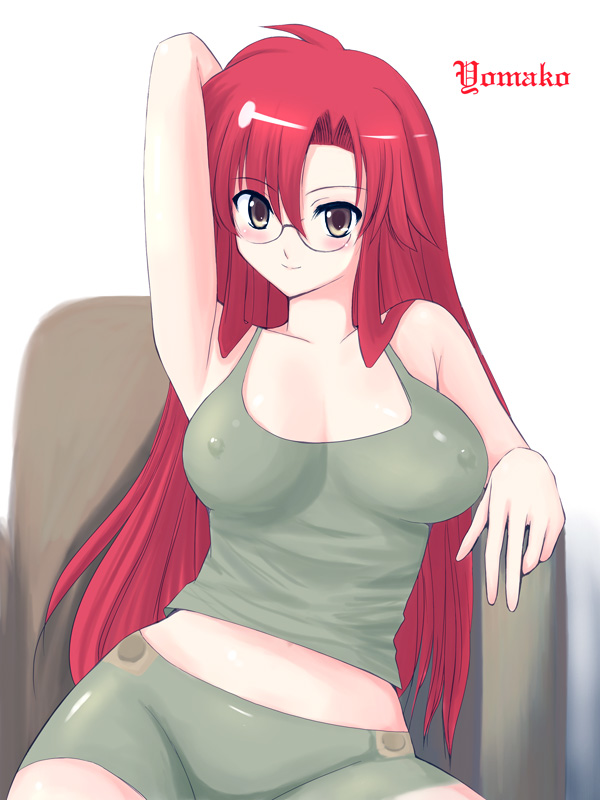 niwatori kokezou, yoko littner, yomako, tengen toppa gurren lagann, 00s, 1girl, aged up, breasts, covered erect nipples, glasses, large breasts, lingerie, long hair, red hair, undershirt, underwear, yellow eyes