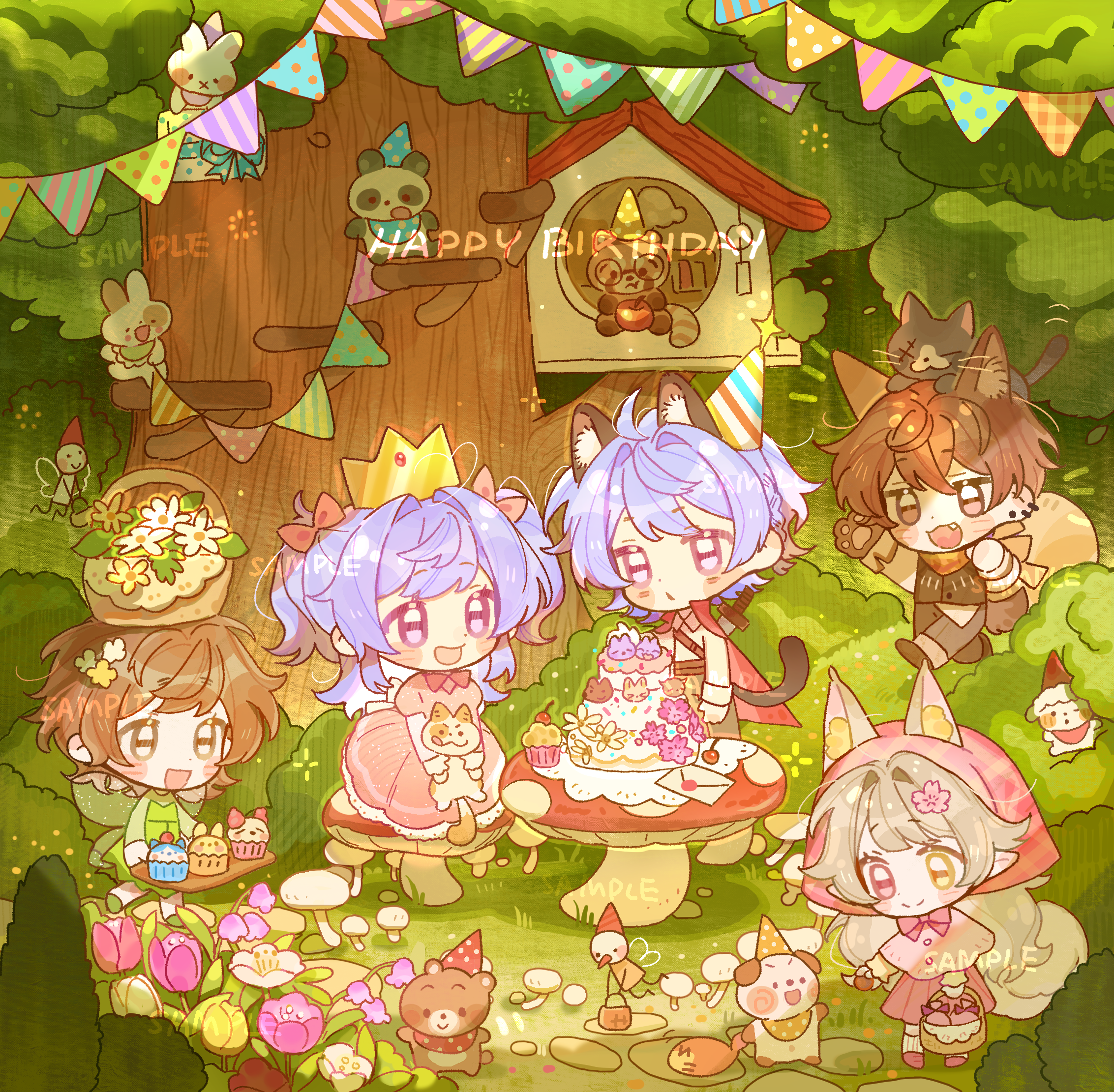 original, highres, 2boys, 3girls, :d, animal, animal ear fluff, animal ears, bai yang zi, basket, black shoes, blue hair, blush stickers, bow, brown eyes, brown hair, cake, capelet, cat, cat boy, cat ears, cat tail, chibi, chibi only, closed mouth, crown, cupcake, day, dress, fang, flower, food, forest, fox ears, fox girl, fox tail, grey hair, grey pants, hair bow, hair flower, hair ornament, happy birthday, heterochromia, holding, holding animal, holding basket, long hair, multiple boys, multiple girls, nature, open mouth, outdoors, pants, pink dress, pink flower, pink skirt, pleated skirt, purple eyes, red bow, sample watermark, shoes, short hair, short sleeves, sitting, skirt, smile, table, tail, tree, treehouse, walking, watermark, white capelet, yellow eyes