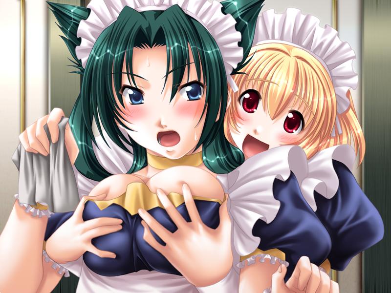maki yahiro, kitami kaho, yuutenji miu, maid shikou, game cg, 2girls, blonde hair, blue eyes, blush, breasts, grabbing another's breast, green hair, groping, maid, multiple girls, red eyes, sweat, yuri