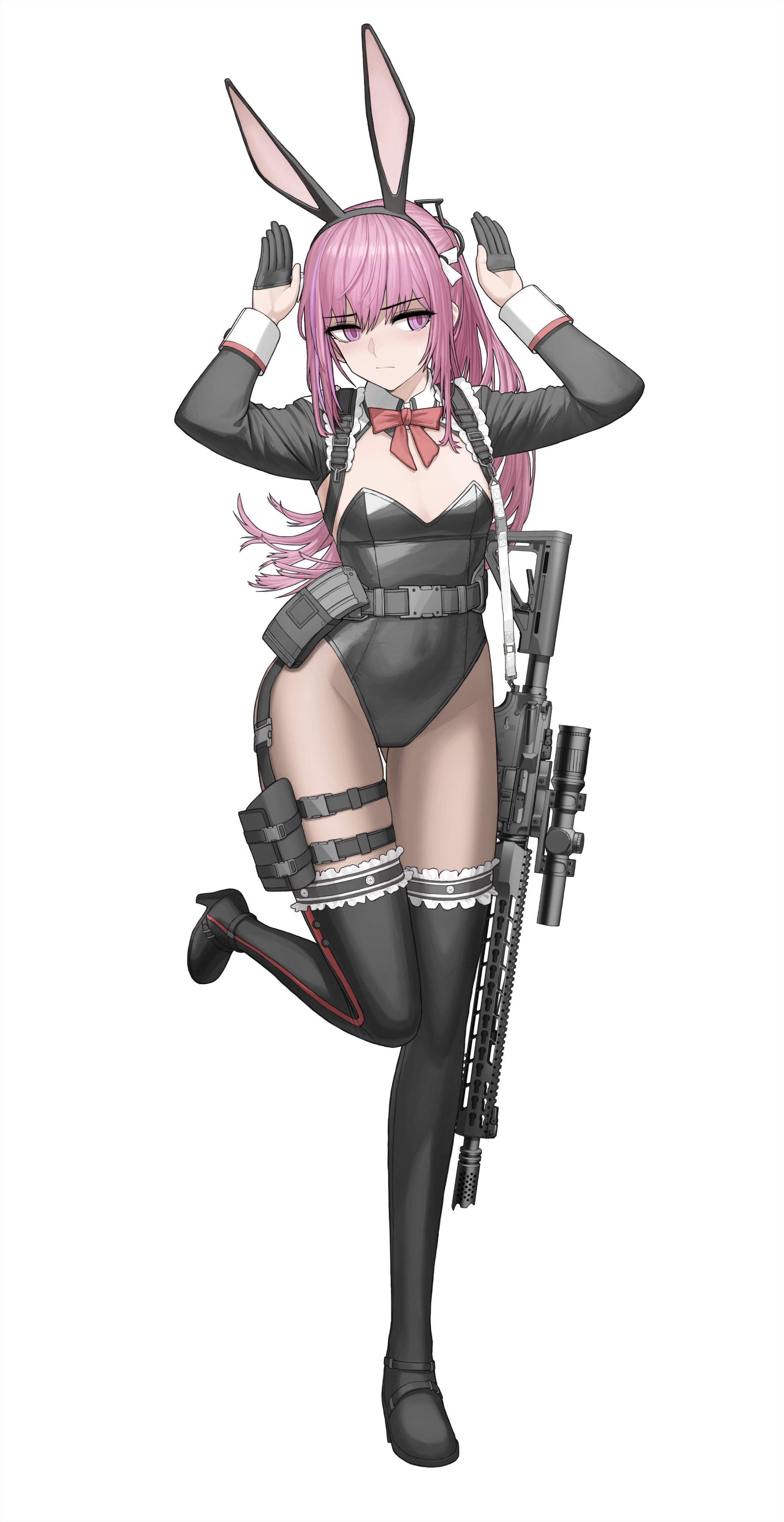 cheogtanbyeong, st ar-15 (girls' frontline), girls' frontline, absurdres, highres, 1girl, animal ears, ar-15, black gloves, black leotard, boots, breasts, closed mouth, detached sleeves, fake animal ears, gloves, gun, half gloves, hands up, leotard, magazine (weapon), multicolored hair, muzzle device, pantyhose, pink eyes, pink hair, playboy bunny, ponytail, rabbit ears, rail (weapon), rifle, scope, small breasts, solo, standing, standing on one leg, streaked hair, tactical playboy bunny, thigh boots, weapon