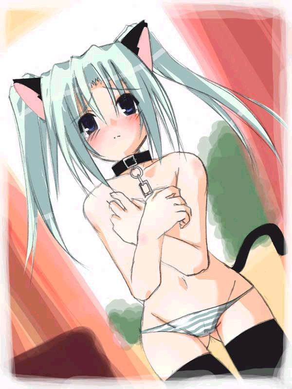 animal ears, green hair, panties, solo, striped clothes, striped panties, tail, thighhighs, topless female, underwear