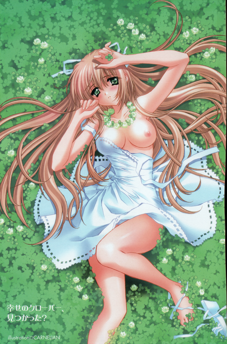 carnelian, highres, 1girl, blush, breasts, brown hair, dress, female focus, green eyes, hair ribbon, large breasts, long hair, nipple slip, nipples, ribbon, solo
