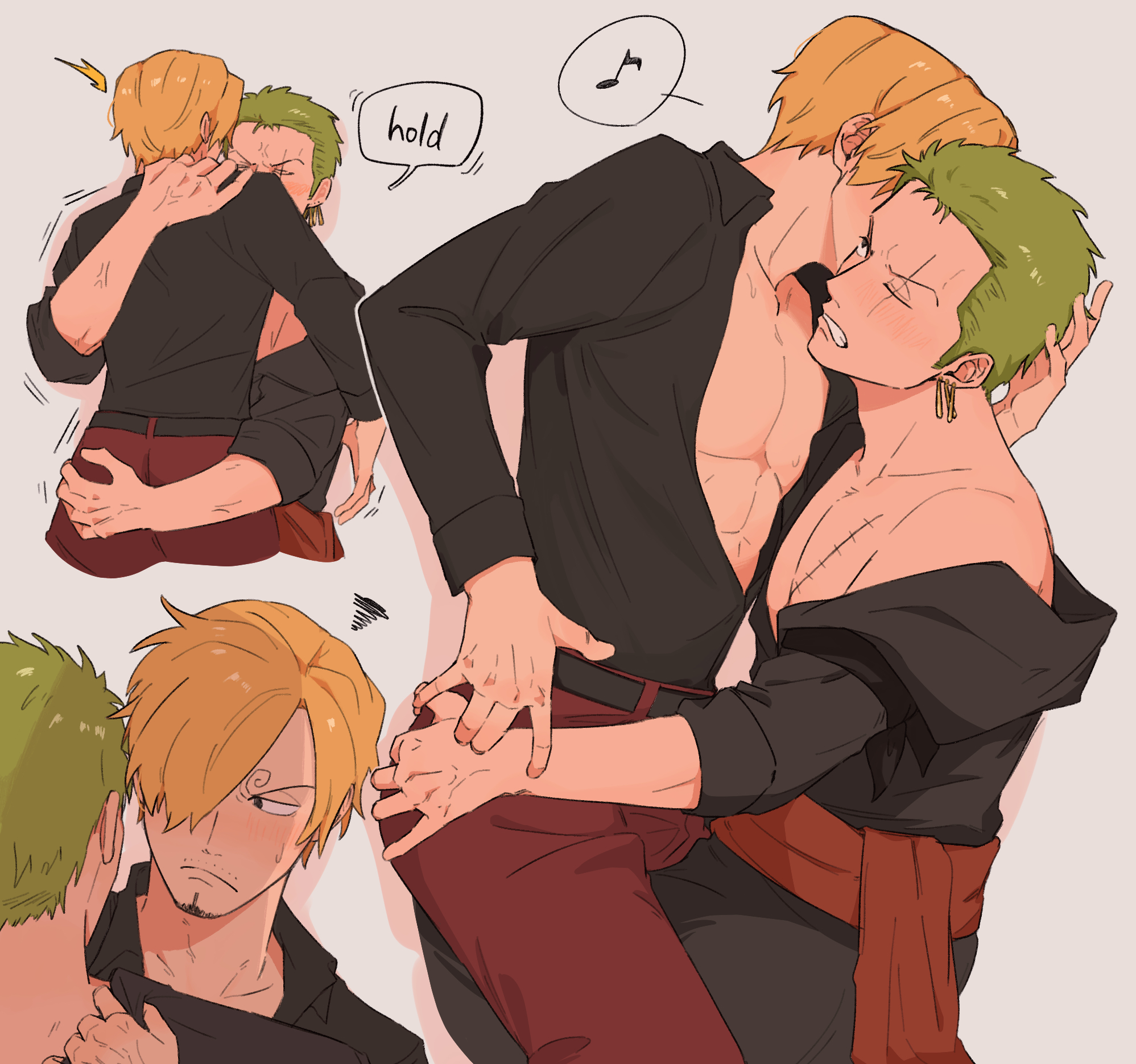 iqracha, roronoa zoro, sanji (one piece), one piece, highres, 2boys, angry, black kimono, black shirt, blonde hair, closed mouth, facial hair, goatee, grabbing another's ass, green hair, grey background, grimace, groping, hair over one eye, japanese clothes, kimono, male focus, multiple boys, musical note, mustache stubble, pants, pectorals, red pants, scar, scar across eye, scar on face, shirt, short hair, sideburns, spoken musical note, squiggle, straddling, stubble, toned, toned male, yaoi