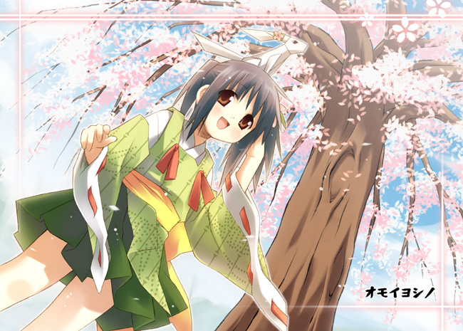 eretto, original, 1girl, :d, black hair, cherry blossoms, female focus, from below, japanese clothes, looking at viewer, looking down, open mouth, plant, red eyes, sash, short hair, smile, solo, spring (season), tree