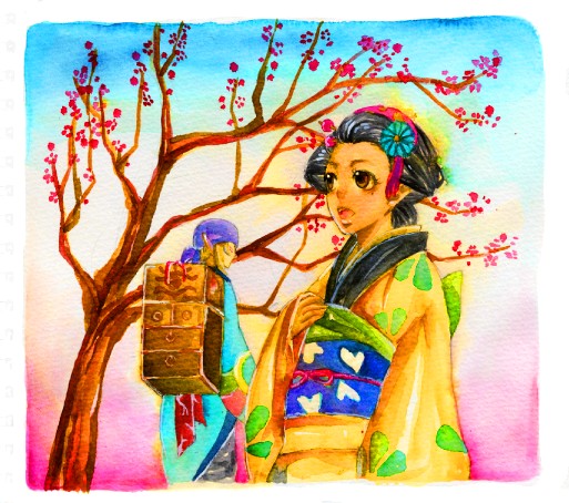 kayo, kusuriuri (mononoke), mononoke, painting (medium), traditional media, watercolor (medium), 00s, 1boy, 1girl, bandana, black hair, blonde hair, bow, brown eyes, brown hair, cherry blossoms, durag, flower, gradient background, hair flower, hair ornament, japanese clothes, kimono, obi, open mouth, pointy ears, sash, tree, walking away