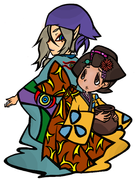 kayo, kusuriuri (mononoke), mononoke, pot, 00s, 1boy, 1girl, back-to-back, bandana, blonde hair, bow, brown eyes, brown hair, durag, facepaint, flower, grey hair, hair flower, hair ornament, hairpin, height difference, holding, japanese clothes, jug (bottle), kanzashi, kimono, long sleeves, makeup, nihongami, obi, ofuda, pointy ears, sad, sash, simple background, vase, white background, yellow kimono