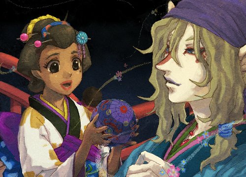 kayo, kusuriuri (mononoke), mononoke, lowres, 00s, 1boy, 1girl, bandana, blonde hair, bow, brown hair, durag, japanese clothes, kimono, obi, pointy ears, sash