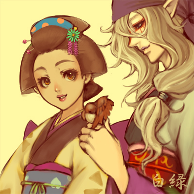 kayo, kusuriuri (mononoke), mononoke, lowres, 00s, 1boy, 1girl, androgynous, bandana, bird, blonde hair, blue eyes, brown eyes, brown hair, durag, facepaint, facial mark, facial tattoo, flower, hair flower, hair ornament, hair tie, japanese clothes, kanzashi, kimono, long hair, makeup, nihongami, obi, pointy ears, sash, tattoo