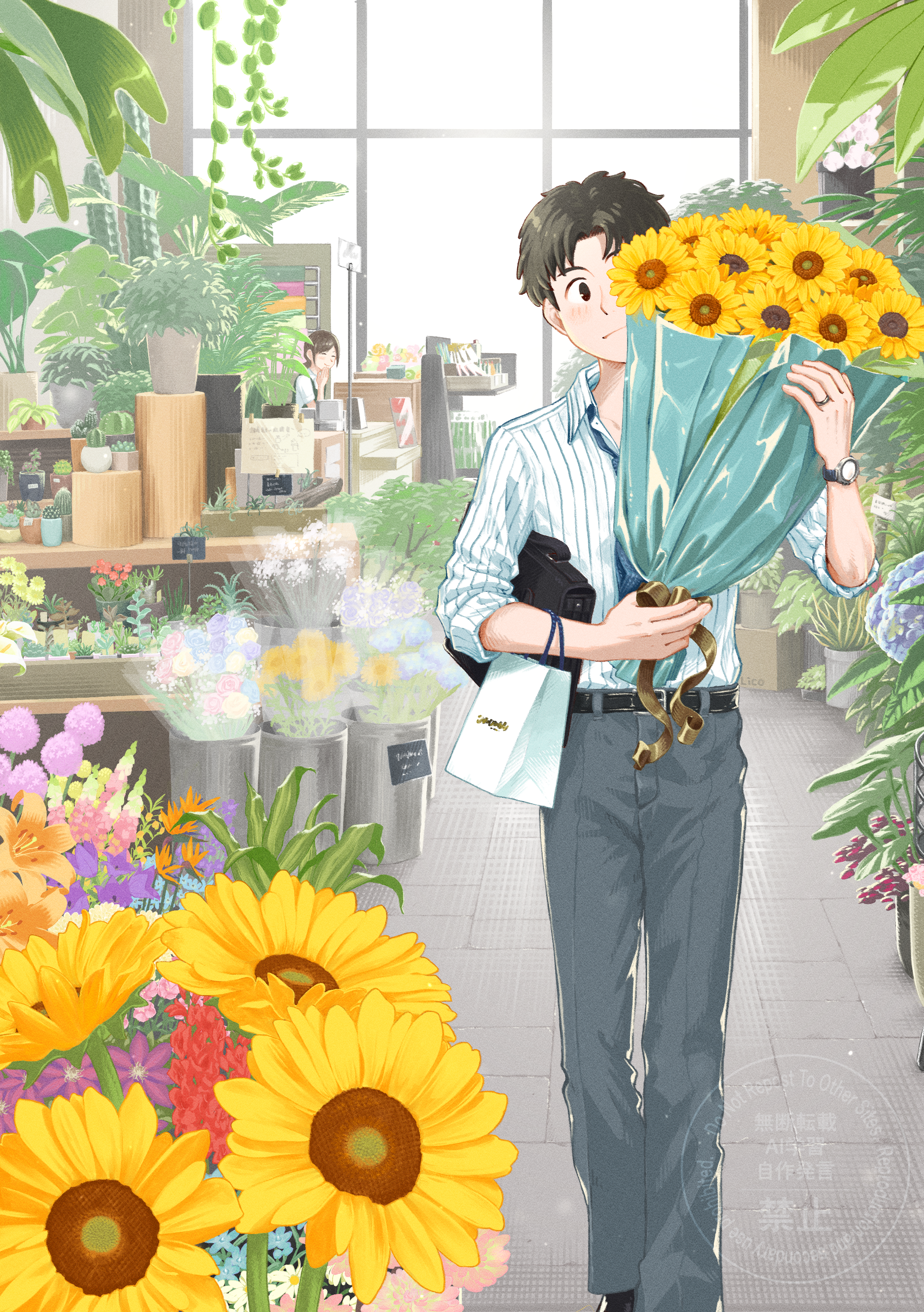 lico (sasya k), original, absurdres, commentary request, highres, 1boy, 1girl, bag, belt, black belt, bouquet, brown hair, collared shirt, feet out of frame, film grain, flower, grey pants, hand up, holding, holding bag, holding bouquet, indoors, jewelry, laptop bag, looking at object, male focus, pants, plant, potted plant, ring, shirt, shop, short hair, slice of life, solo focus, striped clothes, striped shirt, too many flowers, vertical-striped clothes, vertical-striped shirt, very short hair, walking, watch, watermark, white shirt, wing collar, wristwatch, yellow flower