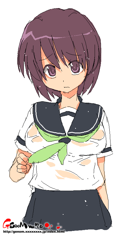 onija tarou, copyright request, brown eyes, brown hair, oekaki, school uniform, serafuku, short hair, solo, wet, wet clothes