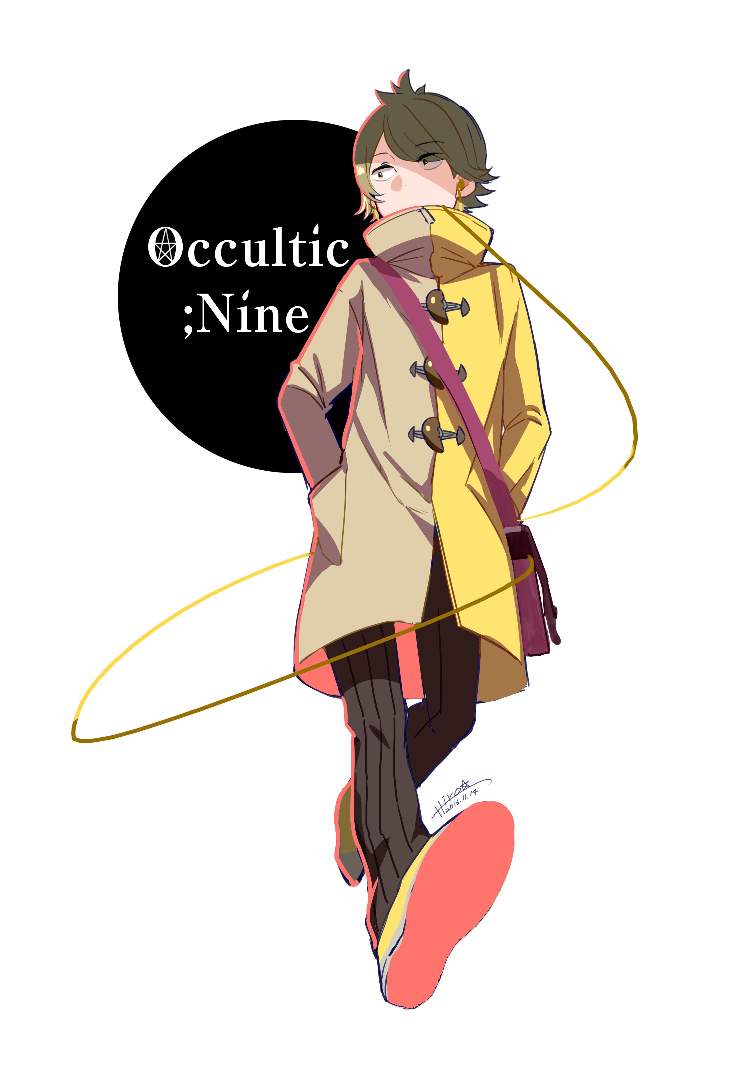 gamon yuuta, occultic;nine, science adventure, absurdres, highres, 1boy, azukintyaku, bag, black pants, coat, copyright name, covered mouth, from below, full body, green eyes, green hair, long sleeves, looking to the side, male focus, multicolored coat, pants, shoes, short hair, simple background, sneakers, solo, standing, white background, yellow shoes