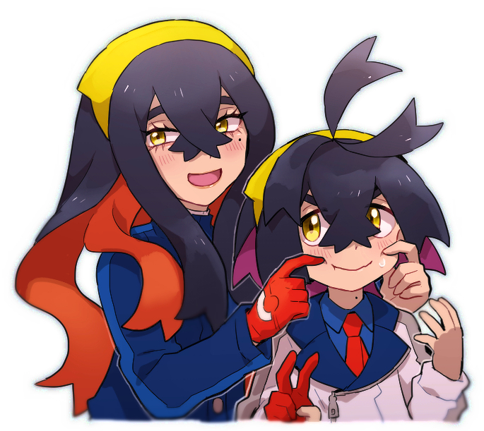 chiimako, carmine (pokemon), kieran (pokemon), nintendo, pokemon, pokemon sv, 1boy, 1girl, black hair, blue jacket, blue shirt, brother and sister, cheek pinching, closed mouth, collared shirt, crossed bangs, eyelashes, gloves, hair between eyes, hairband, jacket, long hair, long sleeves, looking at viewer, mole, mole on neck, multicolored hair, open mouth, partially fingerless gloves, pinching, purple hair, red hair, shirt, siblings, simple background, single glove, upper body, v, white background, white jacket, yellow eyes, yellow hairband