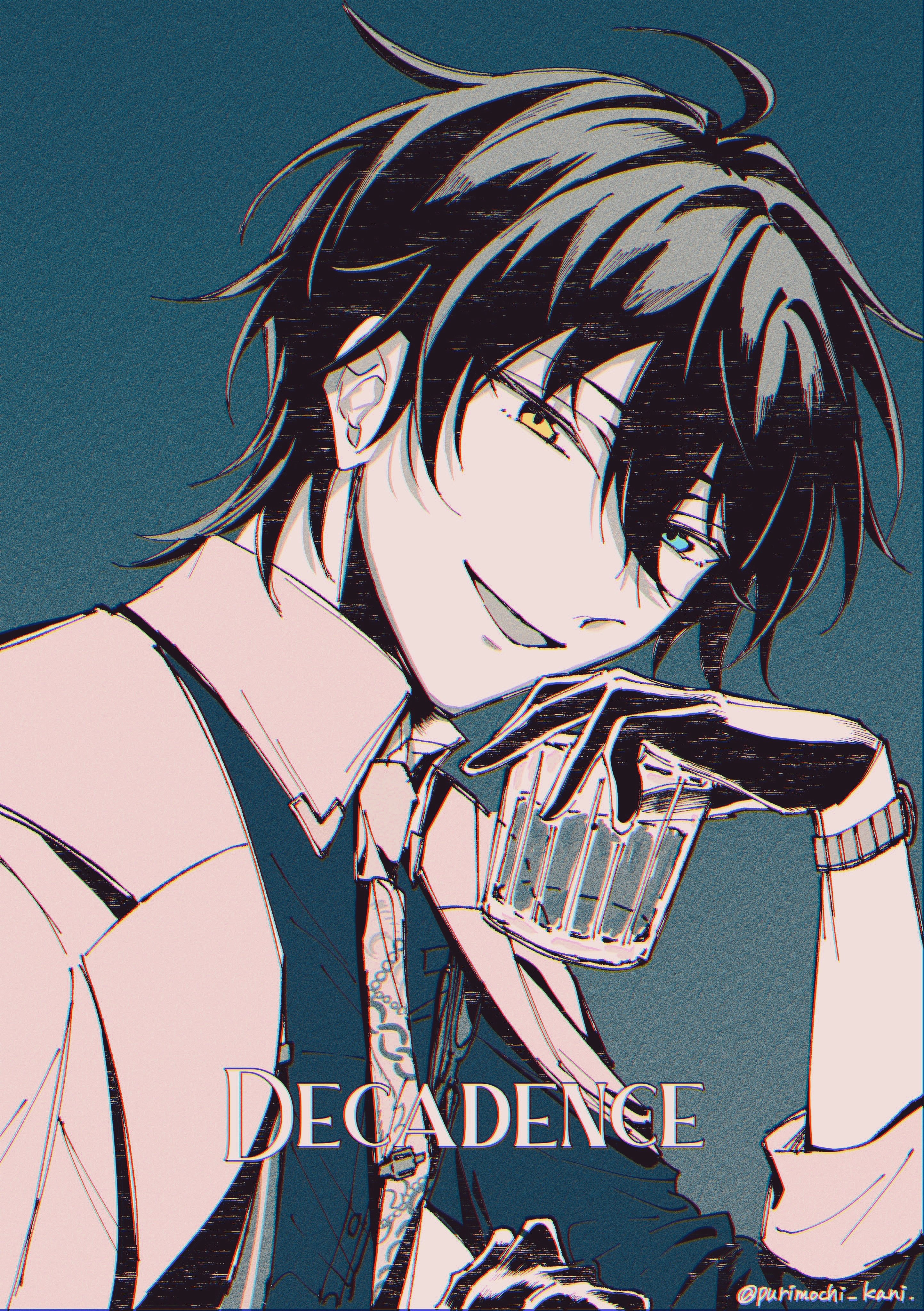 kagehira mika, ensemble stars!, absurdres, commentary request, highres, 1boy, aqua background, black gloves, blue eyes, collared shirt, cup, detective dance (ensemble stars!), gloves, heterochromia, holding, holding cup, lapels, limited palette, long sleeves, looking at viewer, male focus, necktie, notched lapels, official alternate costume, open mouth, purimochi kani, shirt, short hair, simple background, sleeves rolled up, solo, twitter username, upper body, watch, wristwatch, yellow eyes