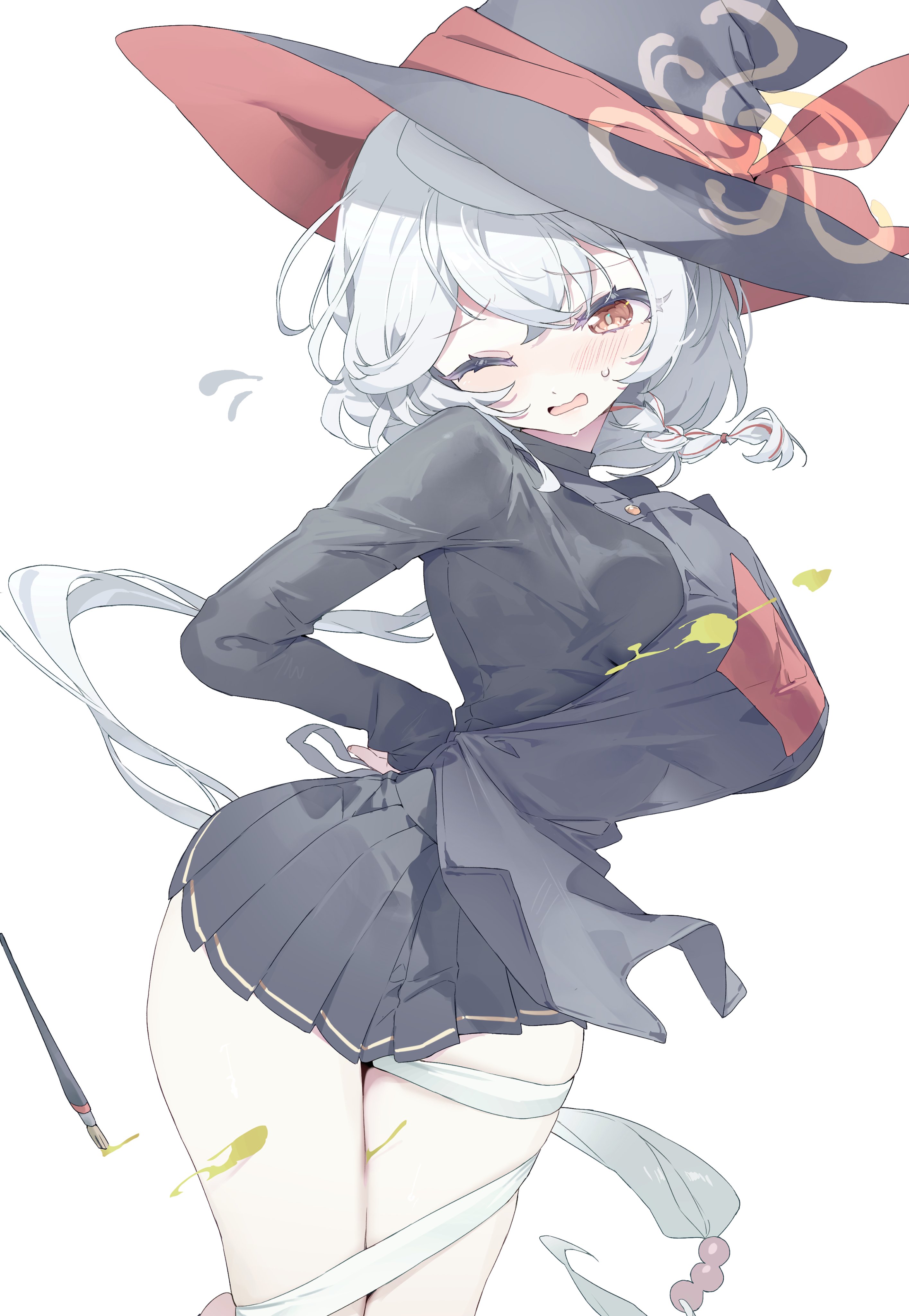 meunhongcha, eri (blue archive), blue archive, absurdres, commentary request, highres, 1girl, apron, black apron, black hat, black shirt, black skirt, blush, bow, bowtie, braid, breasts, brown halo, crossed bangs, halo, hands on own hips, hat, huge breasts, long hair, long sleeves, looking at viewer, miniskirt, one eye closed, open mouth, pleated skirt, saliva, saliva trail, shirt, side braid, simple background, skirt, solo, thighs, tilted halo, turtleneck, turtleneck shirt, white background, white hair, witch hat