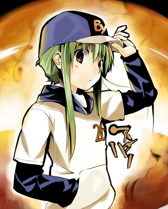 kabocha, kabocha (monkey4), amber (darker than black), darker than black, 00s, 1girl, adjusting clothes, adjusting headwear, arm up, backlighting, baseball cap, blue hat, blush, brown eyes, closed mouth, clothes writing, female focus, green hair, hand in pocket, hand on headwear, hat, layered sleeves, long sleeves, looking at viewer, short hair with long locks, sidelocks, solo, tareme, upper body