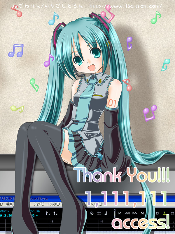 15citron, hatsune miku, vocaloid, 1girl, aqua hair, female focus, long hair, solo, thighhighs, twintails, very long hair