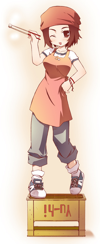 tsuchiyama niu, andou aiko, true tears, 00s, 1girl, apron, bandana, blush, box, bracelet, brown eyes, brown hair, chopsticks, crate, female focus, jewelry, on box, one eye closed, short hair, simple background, socks, solo, standing, wink