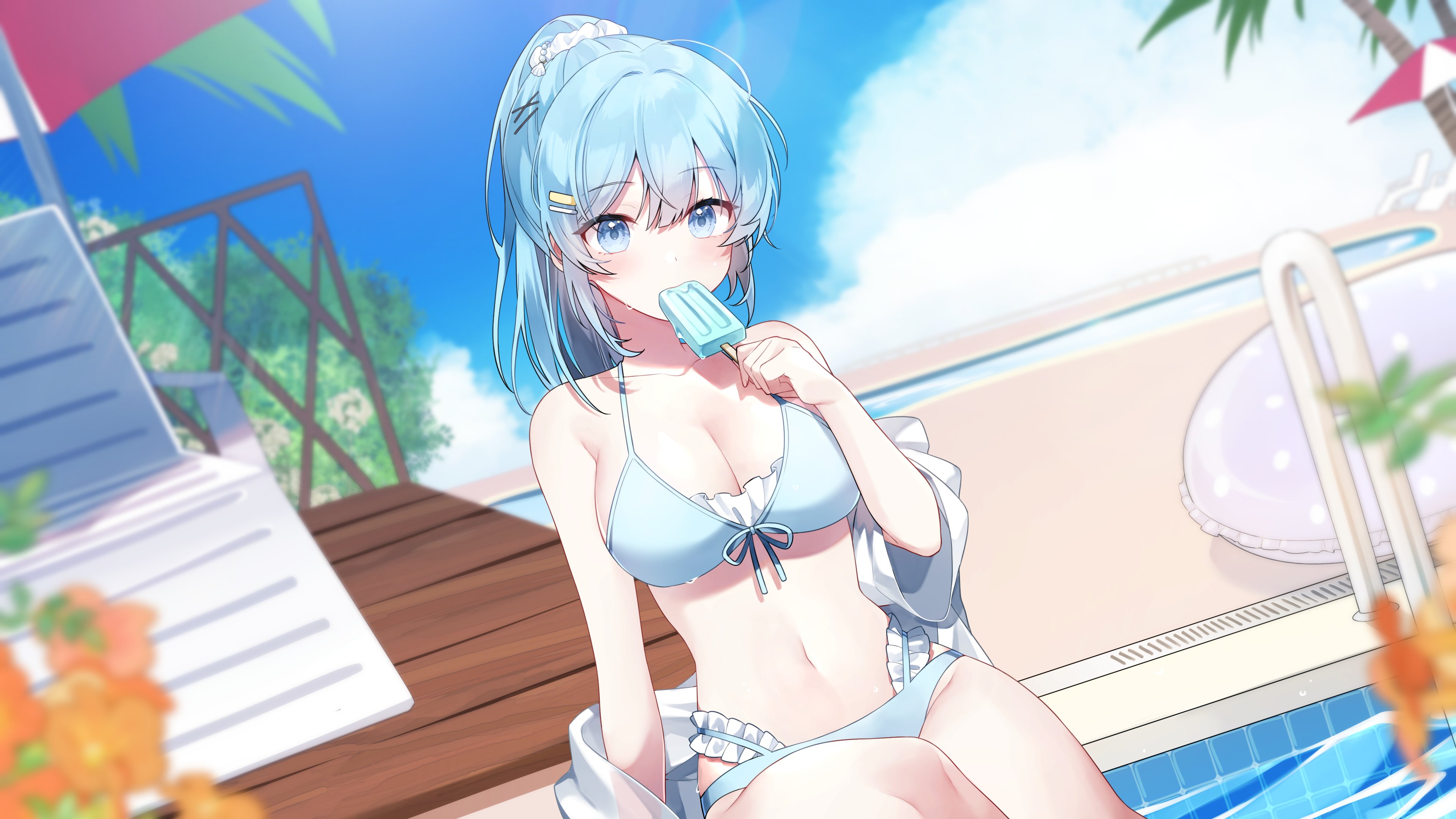 dabi (15dldl15), arahashi tabi, stellive, absurdres, commentary request, highres, korean commentary, 1girl, aqua bikini, aqua hair, bikini, blue sky, blurry, blurry background, blurry foreground, bow, bow bikini, breasts, center-flap bangs, cleavage, collarbone, day, depth of field, dot nose, double-parted bangs, eating, food, frilled bikini, frills, hair ornament, hair scrunchie, hairclip, holding, holding food, holding popsicle, large breasts, long hair, melting popsicle, navel, outdoors, parallel hairclips, ponytail, poolside, popsicle, scrunchie, sidelocks, sky, solo, stomach, sweat, swimsuit, virtual youtuber, white scrunchie, x hair ornament