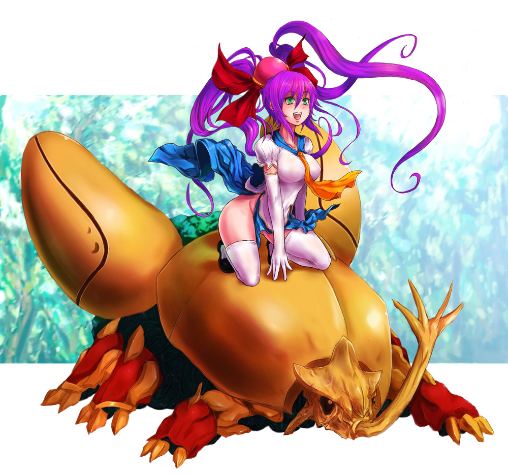 kara (color), kiniro, kiniro (mushihime-sama), reco, cave (developer), mushihime-sama, bad id, bad pixiv id, 1girl, beetle, blue sailor collar, blue skirt, breasts, bug, elbow gloves, female focus, forest, gloves, green eyes, insect, kneeling, large breasts, long hair, nature, no panties, open mouth, outdoors, purple hair, rhinoceros beetle, sailor collar, skirt, smile, solo, thighhighs, very long hair