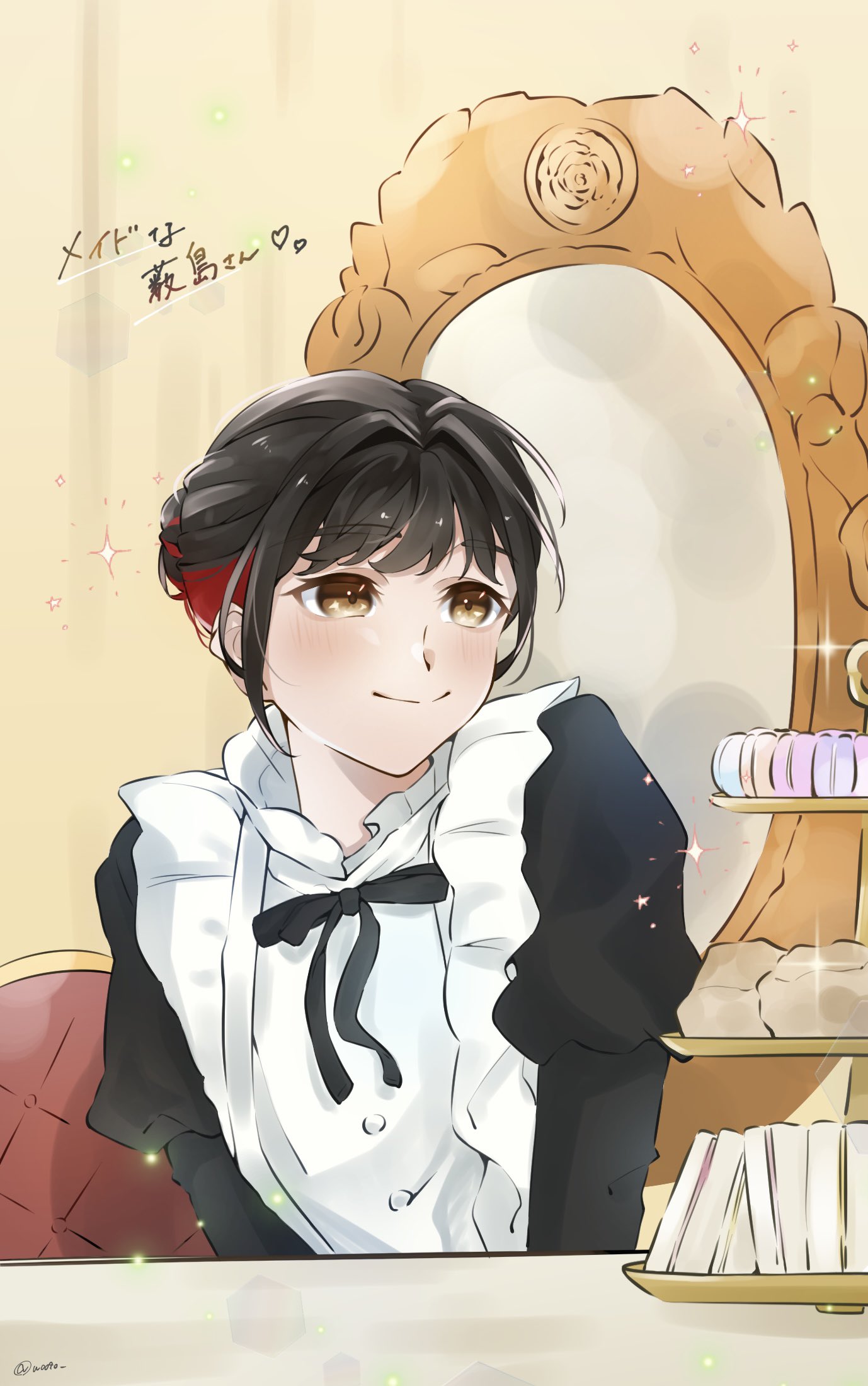 wotaku jinsei enjoy ikioi, real life, commentary request, highres, 1girl, apron, black hair, black ribbon, brown eyes, closed mouth, food, maid, maid apron, mirror, multicolored hair, neck ribbon, red hair, ribbon, smile, solo, split mouth, twitter username, two-tone hair, upper body, voice actor, yabushima akane