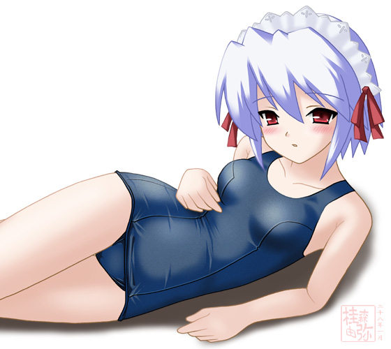 neopure, kotonomiya yuki, suigetsu, 1girl, blue one-piece swimsuit, blush, breasts, female focus, lying, medium breasts, one-piece swimsuit, overexposure, purple hair, red eyes, school swimsuit, solo, swimsuit, white background