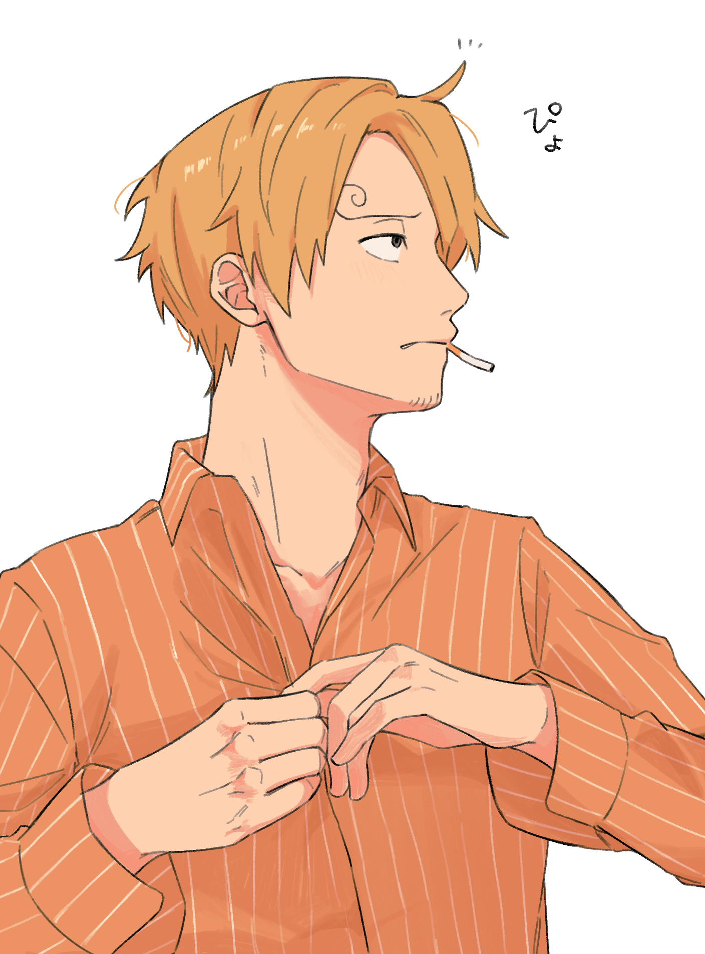iqracha, sanji (one piece), one piece, highres, 1boy, cigarette, curly eyebrows, facial hair, goatee stubble, long sleeves, male focus, messy hair, orange shirt, shirt, short hair, simple background, smoking, solo, striped clothes, striped shirt, stubble, upper body, vertical-striped clothes, vertical-striped shirt, white background