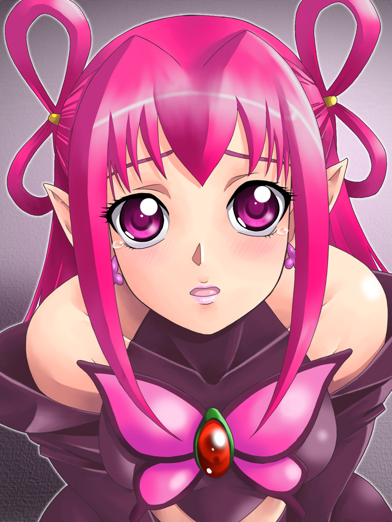 yaso shigeru, dark dream, precure, yes! precure 5, 00s, 1girl, bare shoulders, dark cure (yes! precure 5), eyelashes, female focus, lipstick, makeup, pointy ears, purple eyes, purple hair, solo