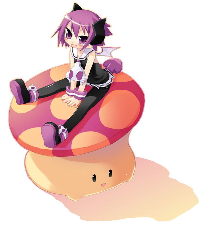 sazaki ichiri, eringya (marl kingdom), raspberyl, disgaea, makai senki disgaea 3, marl kingdom, 1girl, :3, :d, bat wings, black pantyhose, black shirt, blush, demon girl, demon tail, demon wings, female focus, horns, matching hair/eyes, mushroom, open mouth, pantyhose, pleated skirt, pointy ears, puff of air, purple eyes, purple hair, school uniform, serafuku, shadow, shirt, shoes, short hair, simple background, sitting, skirt, sleeveless, sleeveless shirt, smile, solo, tail, white background, wings, wrist cuffs, | |
