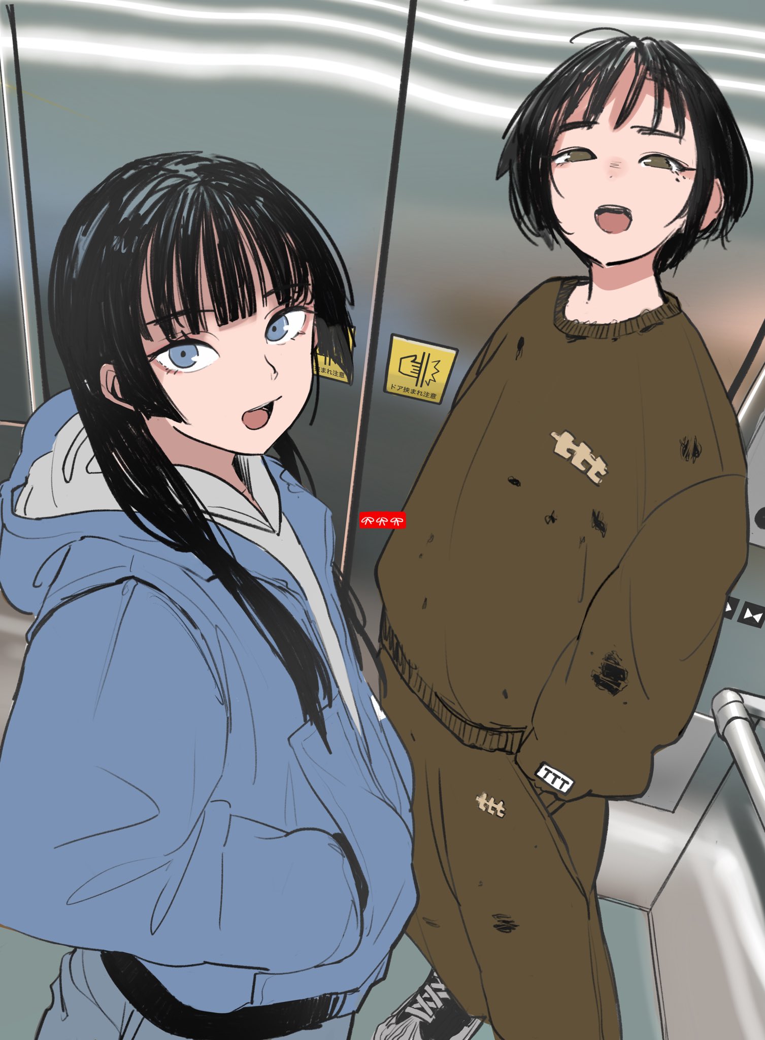 air kon, original, highres, 2girls, black hair, blue eyes, blue jacket, brown eyes, brown pants, brown sweater, dirty, dirty clothes, elevator, elevator door, eyelashes, hand in pocket, hood, hooded jacket, indoors, jacket, long hair, long sleeves, looking at viewer, mole, mole under eye, multiple girls, open mouth, pants, railing, short hair, sign, standing, sweater