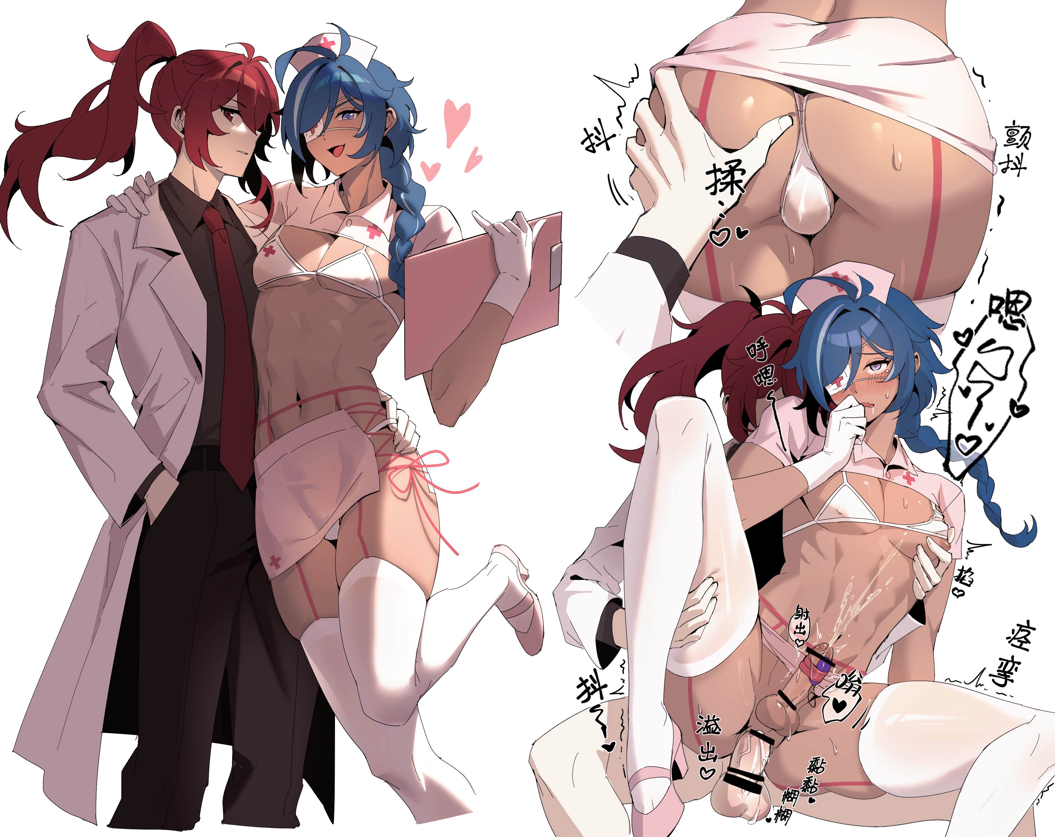 sabakuyoru, diluc (genshin impact), kaeya (genshin impact), genshin impact, absurdres, highres, 2boys, abs, anal, ass, bikini, blue eyes, blue hair, braid, braided ponytail, brown pants, brown shirt, bulge, coat, cum, cum on body, dark-skinned male, dark skin, doctor, eyepatch, hat, high heels, infirmary, jacket, long hair, long sleeves, male focus, multiple boys, multiple views, muscular, muscular male, navel, necktie, nurse, nurse cap, pants, penis, ponytail, red eyes, red hair, red necktie, shirt, spread legs, stomach, swimsuit, testicles, thighhighs, white background, white bikini, white coat, white jacket, white thighhighs, yaoi