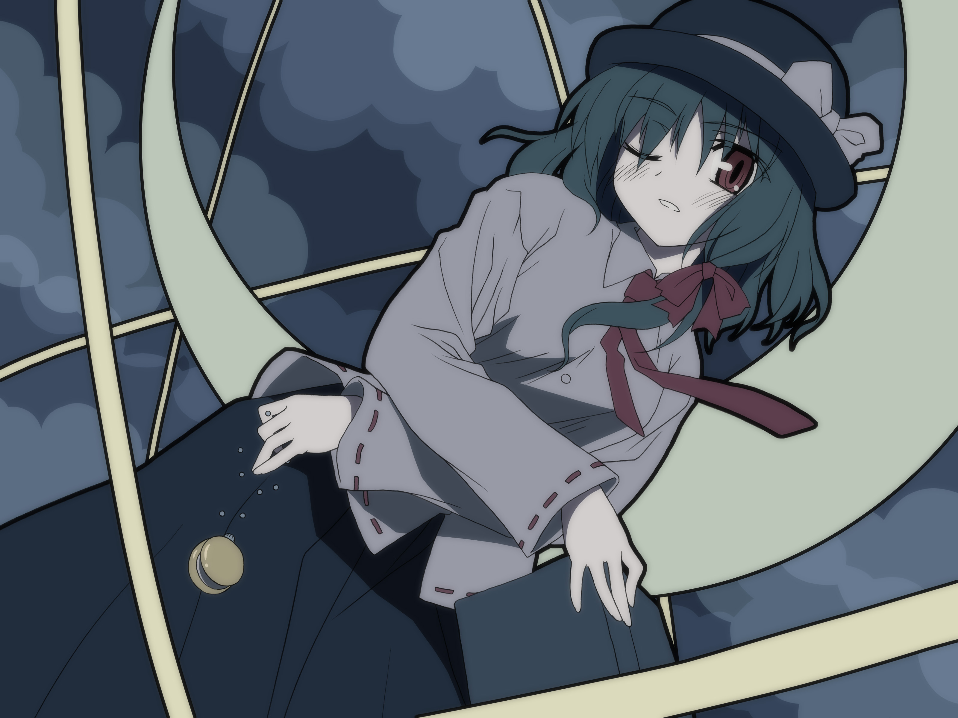 yuuki tatsuya, usami renko, ghostly field club, touhou, absurdres, highres, 1girl, black hair, bow, cloud, crescent moon, crossed arms, female focus, hat, moon, necktie, one eye closed, outdoors, pocket watch, red eyes, sky, solo, watch, wink