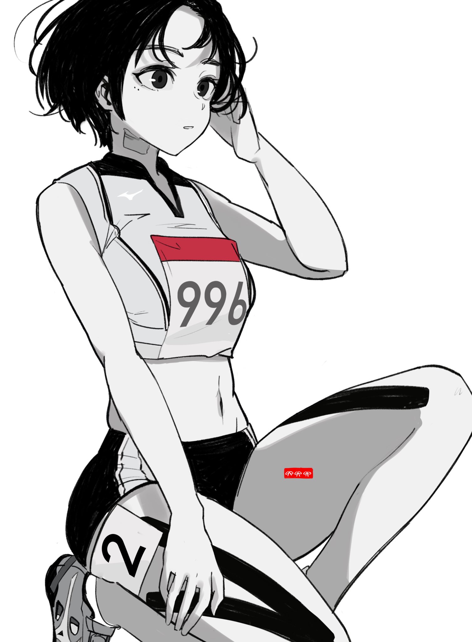 air kon, original, highres, 1girl, breasts, crop top, greyscale, medium breasts, midriff, mole, mole under eye, monochrome, on one knee, parted lips, race bib, shirt, shoes, short hair, shorts, simple background, sleeveless, sleeveless shirt, sneakers, solo, spot color