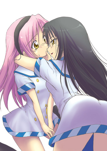 nanto yaya, okuwaka tsubomi, strawberry panic!, lowres, 00s, 2girls, ass, black hair, blush, dress, hairband, leaning forward, long hair, multiple girls, pink hair, school uniform, serafuku, yellow eyes, yuri