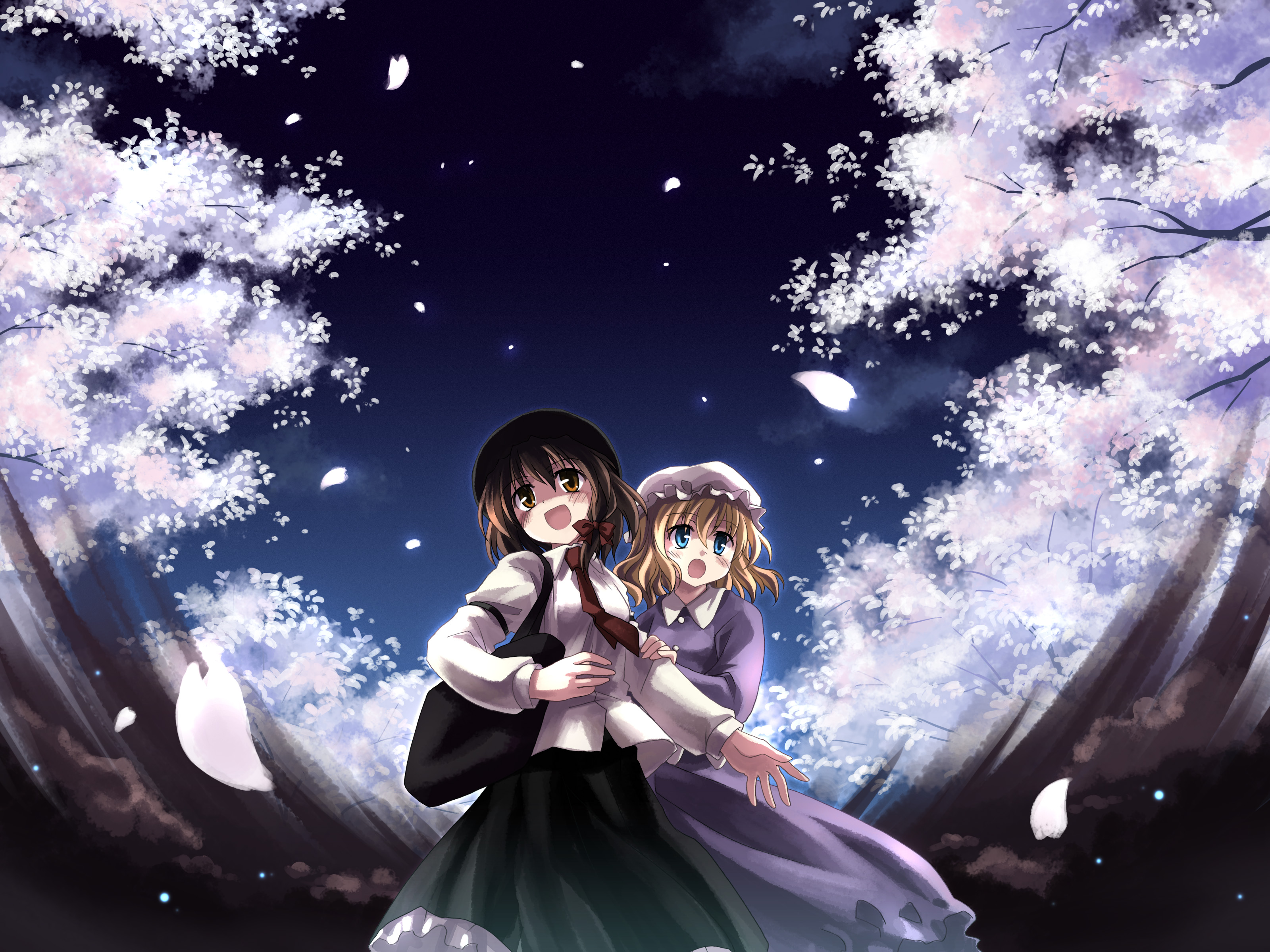 yuuki tatsuya, maribel hearn, usami renko, ghostly field club, touhou, arm grab, absurdres, highres, 2girls, :d, :o, aqua eyes, arm strap, bag, blonde hair, blue eyes, bow, brown eyes, brown hair, cherry blossoms, dress, dress shirt, female focus, frilled skirt, frills, glowing, hair bow, hat, multiple girls, necktie, night, open mouth, outdoors, petals, purple dress, shirt, shoulder bag, skirt, sky, smile