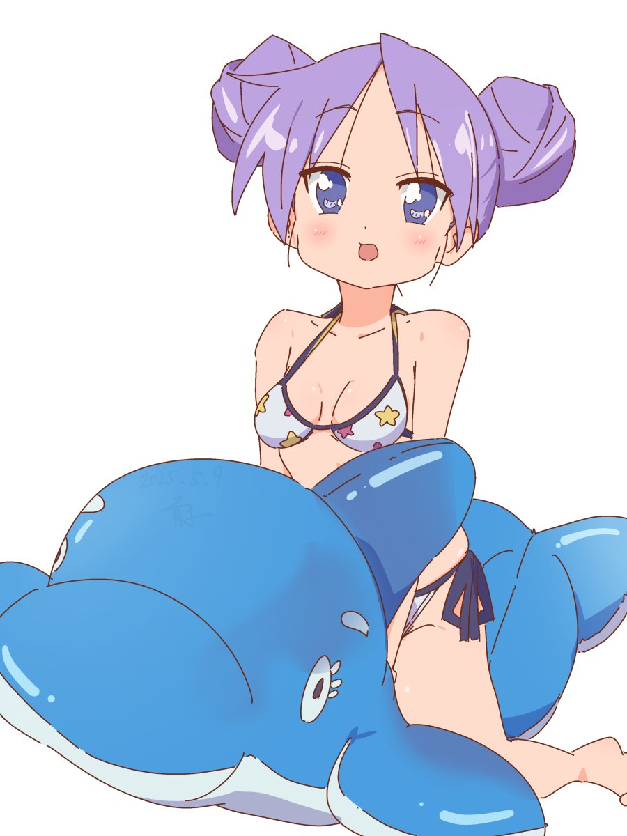 bluearcadegames, hiiragi kagami, lucky star, highres, 1girl, :d, bikini, blue eyes, blush, breasts, double bun, hair bun, inflatable dolphin, inflatable toy, looking at viewer, open mouth, panties, purple hair, side-tie panties, simple background, smile, star print bikini, swimsuit, thighs, tsurime, underwear, white background, white bikini