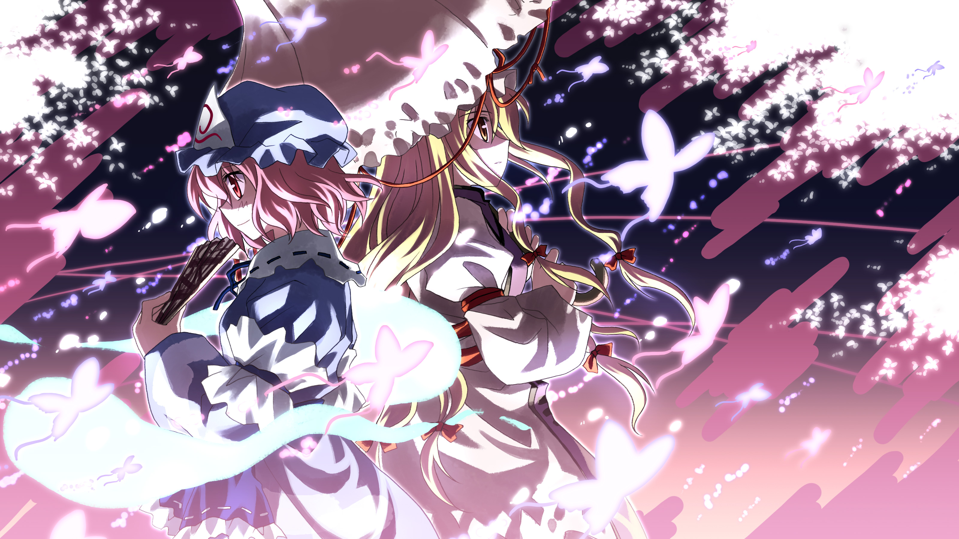 yuuki tatsuya, saigyouji yuyuko, yakumo yukari, touhou, eyebrows, absurdres, highres, 2girls, back-to-back, blonde hair, blue dress, blue hat, blue ribbon, bug, butterfly, collar, dress, female focus, folding fan, gradient background, hair ribbon, hand fan, hat, hitodama, insect, long hair, long sleeves, mob cap, multiple girls, pink eyes, pink hair, puffy long sleeves, puffy sleeves, red ribbon, ribbon, ribbon-trimmed collar, ribbon trim, shaded face, short hair, smile, triangular headpiece, tsurime, umbrella, white collar, white dress, yellow eyes